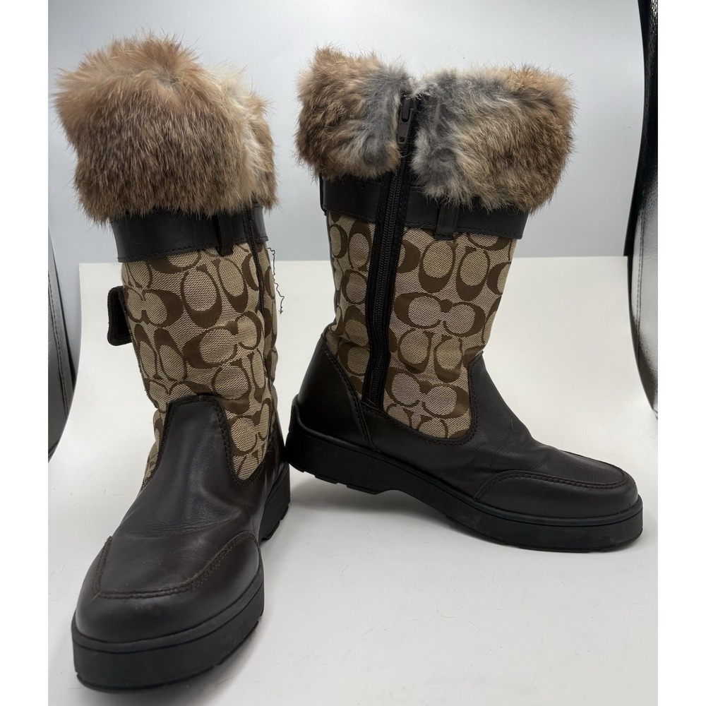 Coach Women's Kimberly Signature C Leather Fabric Fur Trim Winter Boots Brown 7M - Picture 7 of 9